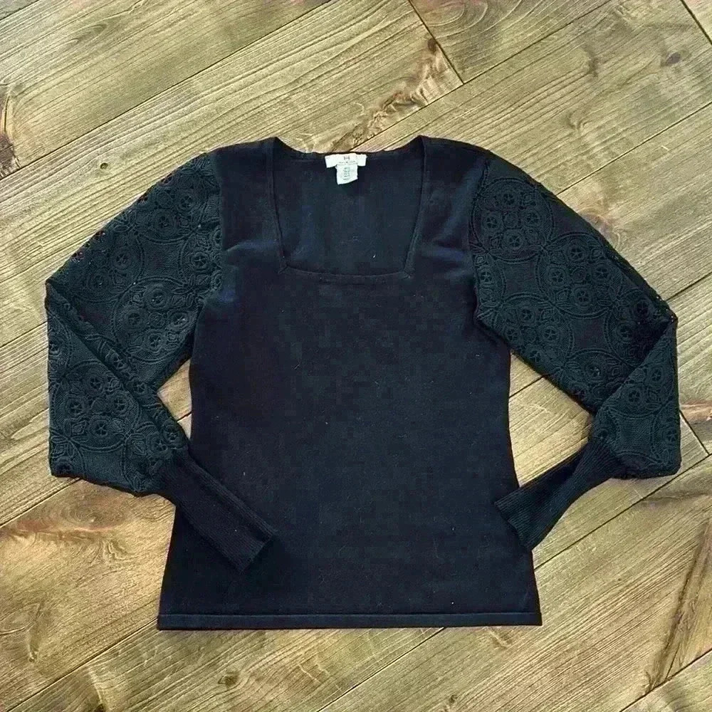 Halston Black dressy shirt , lace detail sleeves